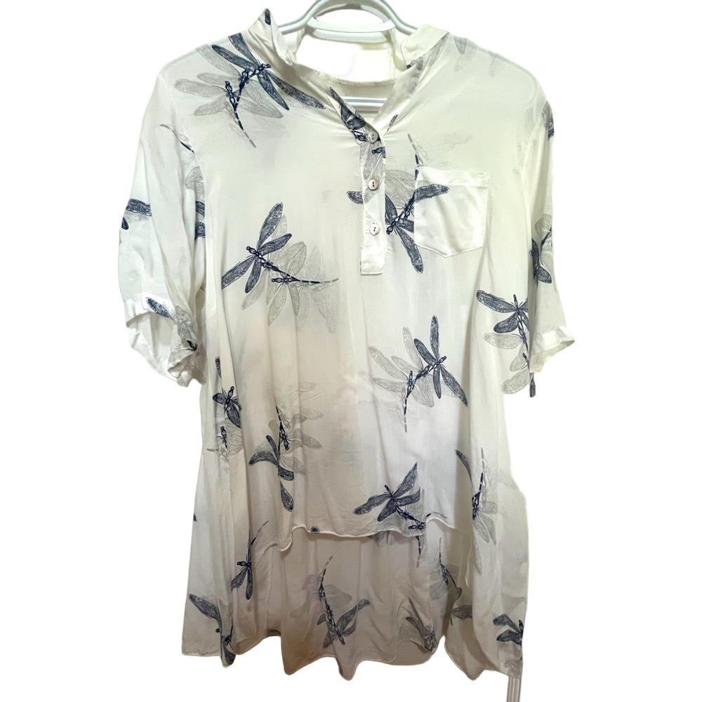 Vintage Short Sleeve Blouse Women M 100% Viscose Italian Dragonfly Lightweight